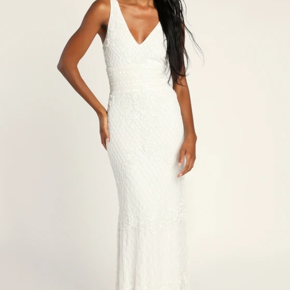 Lulus  simple romance white beaded sequin mermaid Wedding dress NWT